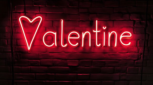 Neon Valentine sign glowing in red against a brick wall background with romantic vibes for a 2025 Valentine's Day celebration