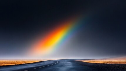   A vivid rainbow beams brilliantly across the sky over a deserted road, amidst an expansive plain landscape