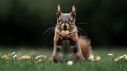 Red squirrel eating nut in meadow, nature background, wildlife photography