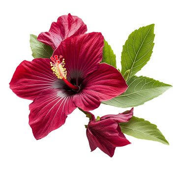 Fototapeta Vibrant roselle hibiscus flowers with green leaves on a clean transparent background showcasing natural beauty, roselle hibiscus with leaf on transparent background