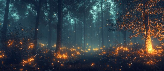 Fototapeta premium Enchanted autumn forest ablaze under the nightfall glowing with mysterious flames casting an ethereal moody and ominous atmosphere Lush