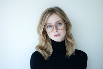 Fototapeta premium Minimalist Portrait of a Beautiful Blonde Woman Wearing Glasses and a Black Turtleneck Against a White Background