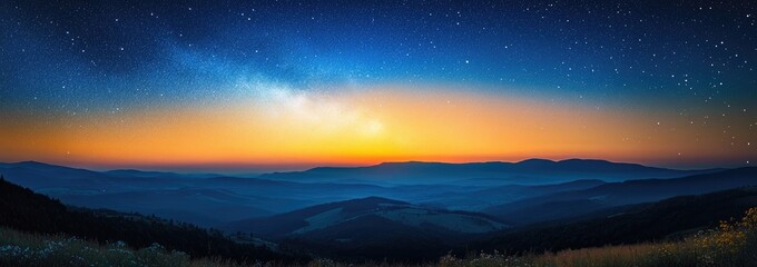 Fototapeta premium Starry Night Over Rolling Hills and Distant Mountains