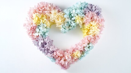 Pastel colored floral arrangement in the shape of a heart isolated on white