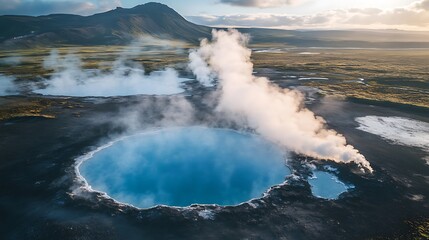 Aerial view of a geothermal area with a blue hot spring and steam rising in a natural landscape.