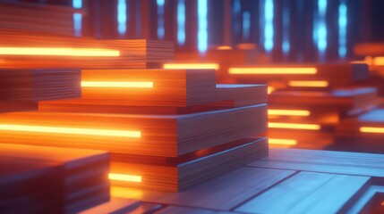 Glowing wooden planks stacked neatly, with holographic dimensions hovering above.