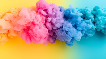 Swirling ink colors form abstract clouds and bursts of paint creating a mesmerizing rainbow background with minimalistic bright tones and a blurred empty space on the side for a clean caption space

