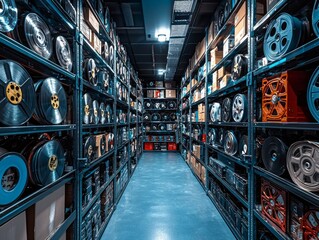 Rows of shelves hold vast collection of film reels VHS tapes and digital devices in well lit organized media archive reflecting dedication preservation and accessibility