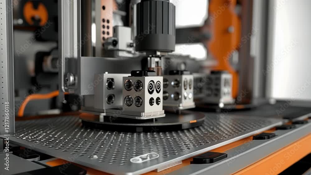 Poster automated robotic arm conducting quality control checks on metallic components during a manufacturin