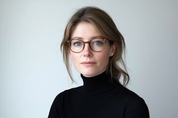 Fototapeta premium Portrait of Confident Professional Woman with Blue Eyes and Glasses Wearing a Black Turtleneck