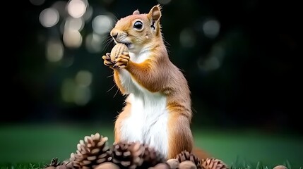 Red squirrel eating nut, park, bokeh background, nature wildlife