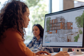 Female Architect Analyzing Sustainable Urban Building Designs with Advanced CAD Software in Modern Workspace - Concept of Innovative Architecture and Environmental Integration