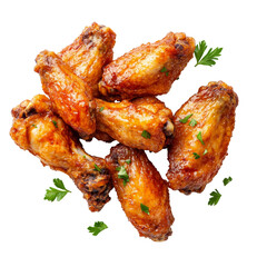 Deliciously crispy fried chicken wings garnished with fresh herbs on a clean transparent background, fried chicken wings on transparent background