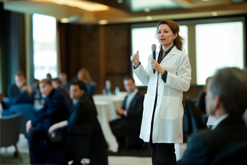 Female doctor as speaker at conference for healtcare workers, medical team sitting and listening presenter. Medical experts attending an education event, seminar in board room.