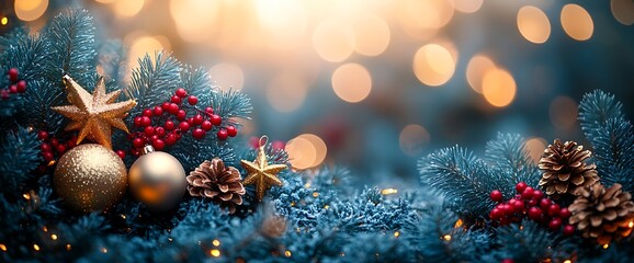  Christmas Tree With Ornaments In Blue And Bokeh Lights - Real Fir Branches With Glittering In Abstract Defocused Background - This Image Contain 3d Rendering Elements 