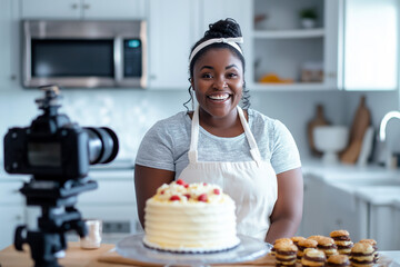 Woman recording baking video in kitchen