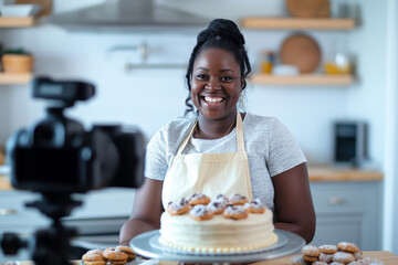 Woman recording baking video in kitchen