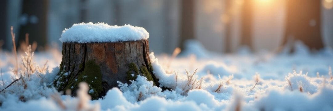 Frosty morning in the forest, tree stumps covered in white caps of mushrooms, snow all around, mushroom, morning, stump - Powered by Adobe