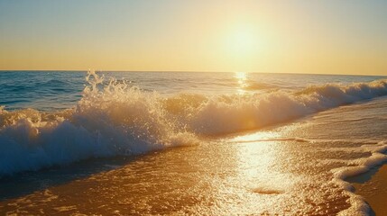 Fototapeta premium Gentle Waves Breaking on Shore in Golden Hour Light