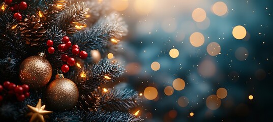  Christmas Tree With Ornaments In Blue And Bokeh Lights - Real Fir Branches With Glittering In Abstract Defocused Background - This Image Contain 3d Rendering Elements 