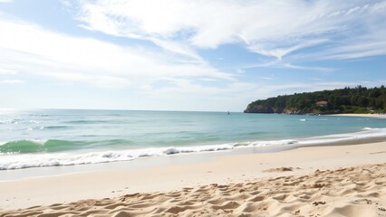Serene Sandy Beach with Azure Ocean and Lush Green Coastline under a Sunny Sky