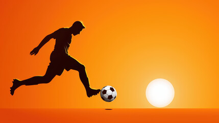 Obraz premium A striking silhouette of a soccer player kicking a ball against a vibrant sunset backdrop, capturing the essence of sport and passion.