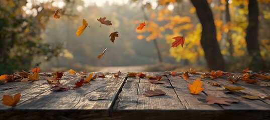  Autumn Table - Orange Leaves And Wooden Plank At Sunset In Forest 