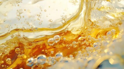 Golden oil being poured into a clear liquid, close-up of bubbles and flow, on white background