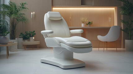 gynecological chair is positioned in stylish medical office featuring soft neutral colors. Clean lines and gentle lighting enhance tranquil atmosphere complemented potted plants.