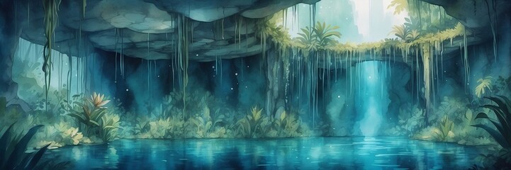 Enchanting cenote with shimmering water, lush vegetation, and cascading vines, watercolor style, serene ambiance