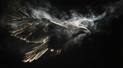 An flying in. Eagle, , black, background flies, gray, smoke. A gray eagle flies in air with smoke. A black eagle flying in the background of smoke. The eagle is in the air, and the smoke is lifestyle.
