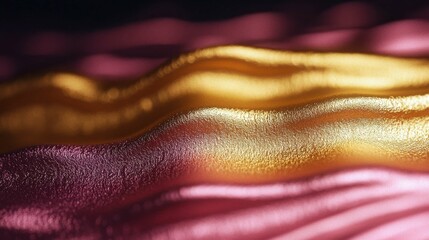 A close-up view of a luxurious textured fabric with waves of radiant gold and pink hues, conveying elegance and warmth.