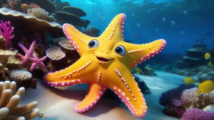 A cartoonish yellow starfish with a smile on its face is in a colorful underwater scene. The scene is lively and cheerful, with various sea creatures swimming around the starfish