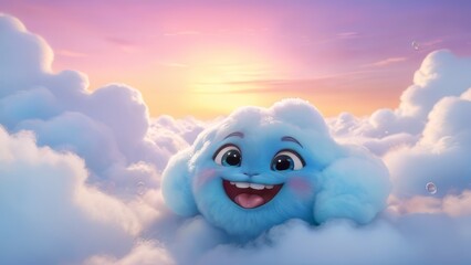 Obraz premium A cartoon cloud with a smiling face and a tongue sticking out. The sky is filled with fluffy clouds and the sun is setting