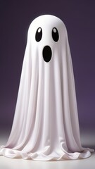 A white ghost with a black eye and mouth is standing in front of a purple background. The ghost is looking at the camera with a surprised expression