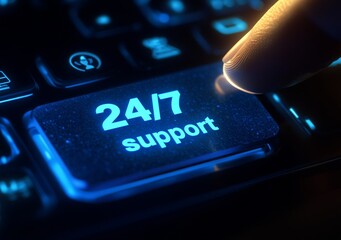 Text sign indicating 24/7 Support. Business image showing consistent assistance day and night, no breaks