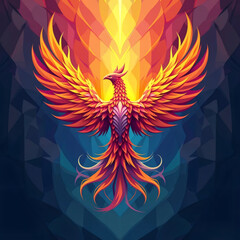Fototapeta premium A vibrant phoenix ignites with fiery plumage against a deep blue backdrop