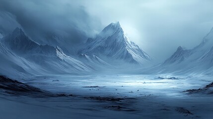 Dramatic frozen mountain landscape with snow capped peaks and glaciers under a moody stormy sky in the remote untamed Arctic wilderness