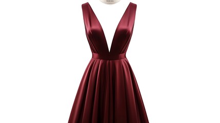 Long burgundy evening dress with a deep V-neckline and a satin finish