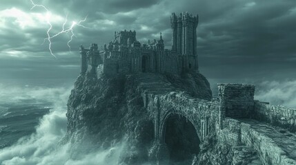 Imposing Gothic Castle Fortress Perched Atop a Towering Cliff Surrounded by a Dramatic Stormy Cloudy Landscape with Ominous Lightning Bolts in the Moody Sky