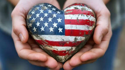 Heart-shaped object painted with the American flag held in hands.