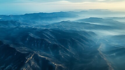 Aerial view of misty mountain ranges at dawn, showcasing natural beauty and tranquility.
