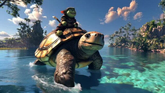 A Whimsical Adventure: An Imaginative Turtle Journey Through Lush Waters and Fantasy Landscapes