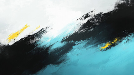 Abstract textured background in blue, black, and white with oil paint brush strokes, yellow highlights, minimalistic bright tones, and blurred empty space for captions or messages

