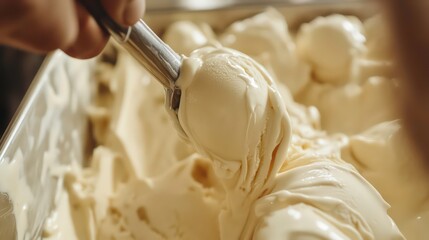 ice cream being scooped, with the creamy texture highlighting the importance of butterfat in creating luxurious, smooth desserts