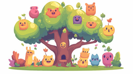 Naklejka premium Kawaii Cute Funny Tree Ecology Wide Angle Centered