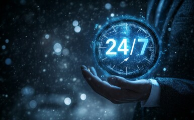 Concept of nonstop service. A businessman’s hand holds a virtual clock displaying 24-7, highlighting round-the-clock customer support and availability