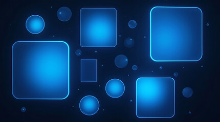 Fototapeta premium Neon glass frame collection with luminescent geometric elements - blue translucent shapes with radiant borders on dark backdrop. Various rectangle, circle and rounded designs with glowing edges