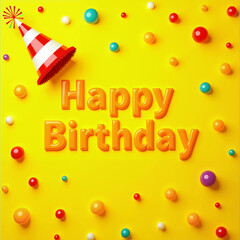Fototapeta premium Birthday card with a red and white striped party hat on a yellow background, surrounded by colorful balls in red, orange, blue, and purple, featuring the text Happy Birthday in orange letters.