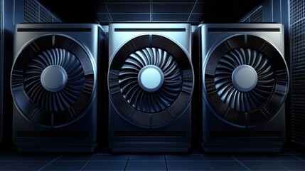 Industrial cooling system with large powerful fans in a modern server room designed for efficient heat dissipation and optimal performance of technological equipment.